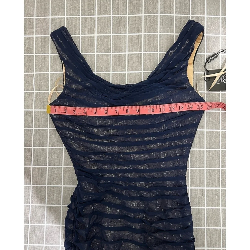 La Femme Navy Blue & Gold Sleeveless Sequin Gown